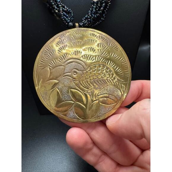 Vintage Handcrafted Brass Etched Bird Pendant with Beaded Collar Necklace - Picture 4 of 10